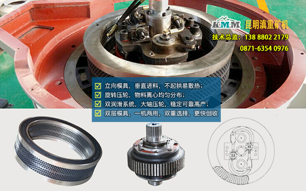 雙層、立向模具、旋轉(zhuǎn)壓輪等顆粒機(jī)內(nèi)部示意圖